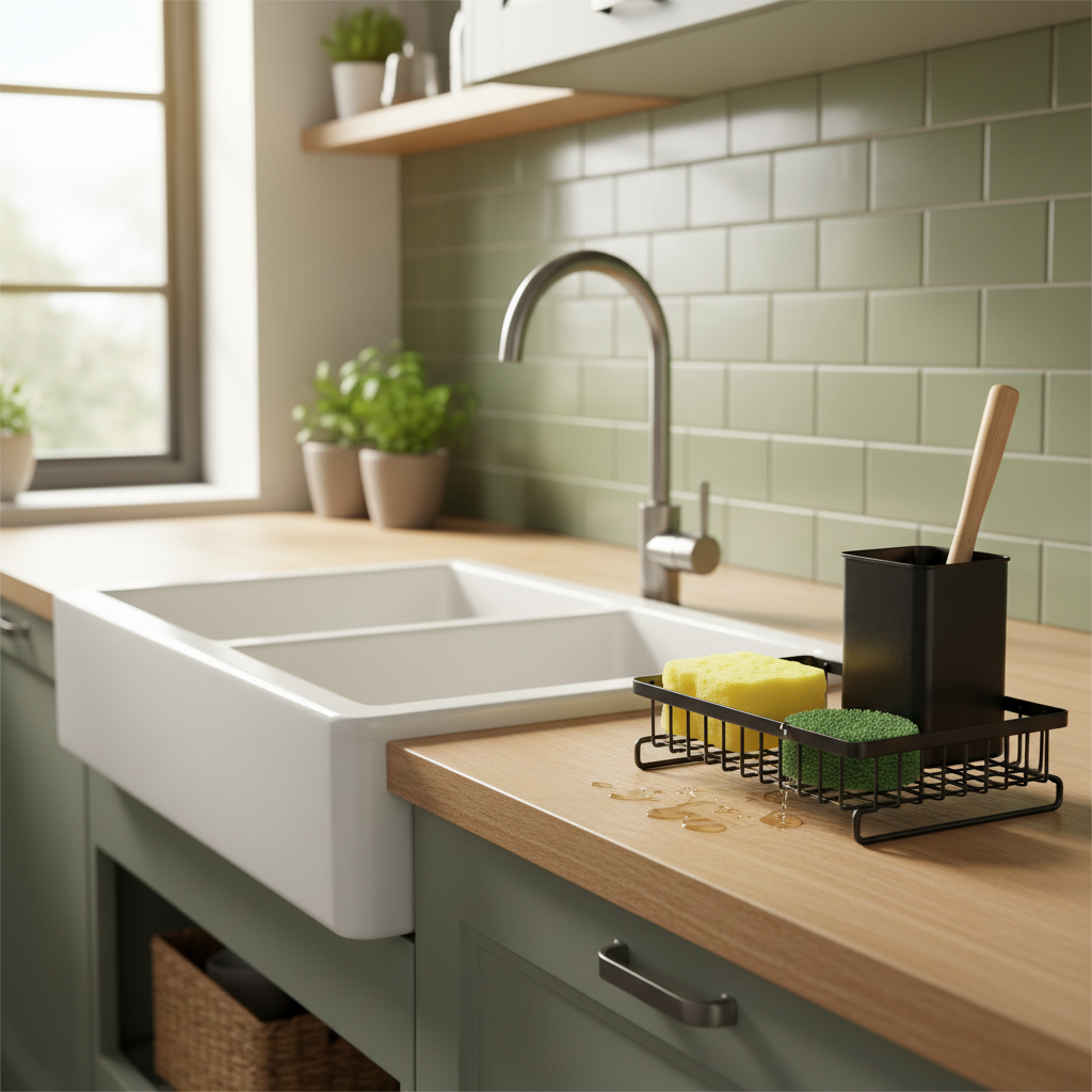 A Countertop Sink Caddy for Dish Brushes You Only Need Once: Soggy Counters and Mildew Smell, Not Daily Scrubbing