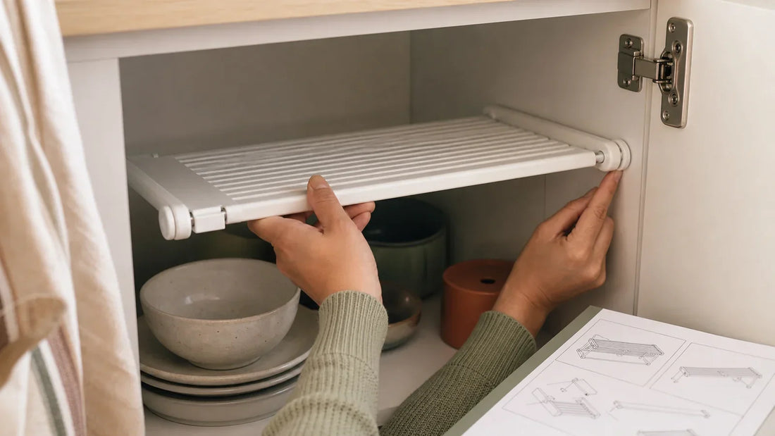 Hands checking a tension-fit shelf and hinge clearance inside a small kitchen cabinet.
