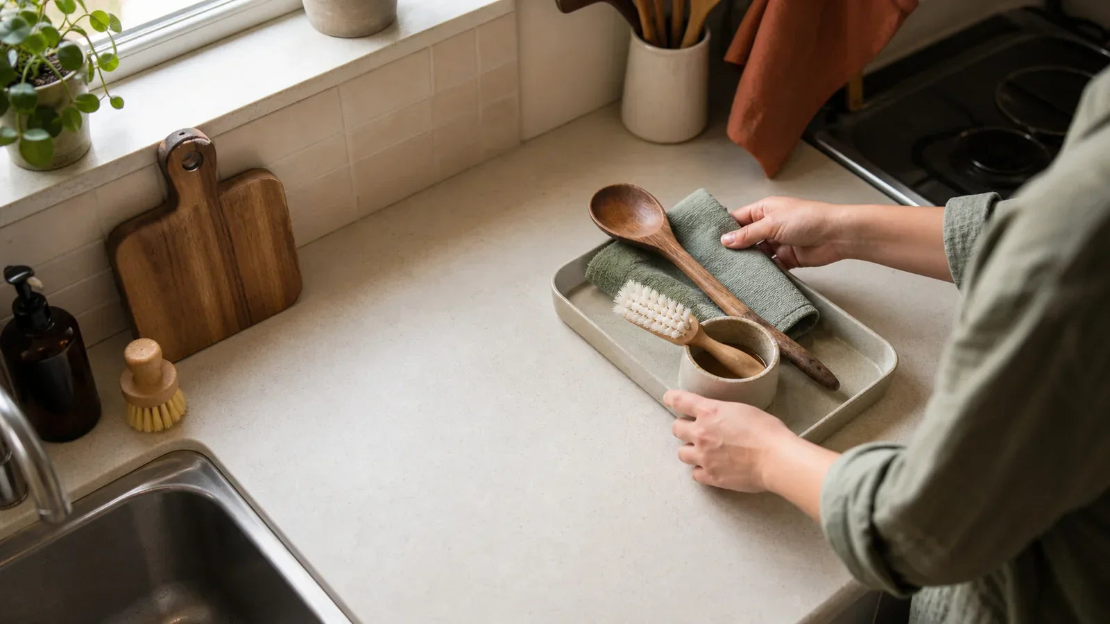 Hands grouping everyday kitchen tools on a tray while clearing a compact counter.