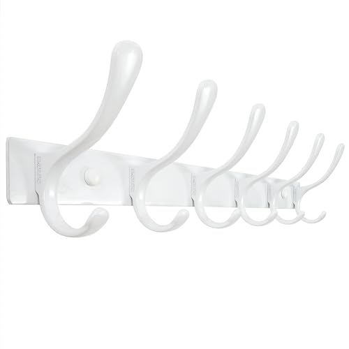 Heavy Duty Wall Mounted Coat Rack - 6 Hooks, Stainless Steel, Sturdy Coat Hooks for Hanging Clothes, Jacket, Hat, White