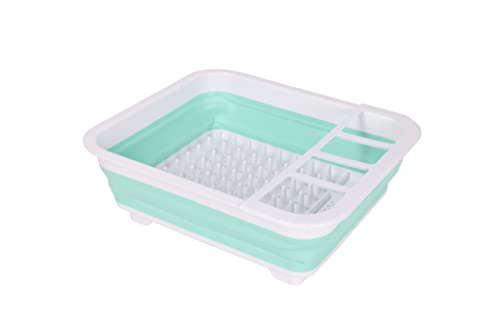 Collapsible Dish Drying Rack - Popup for Easy Storage, Drain Water Directly into The Sink, Room for Eight Large Plates, Sectional Cutlery and Utensil Compartment, Compact (Blue)