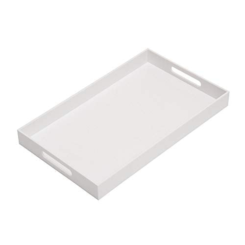 Glossy White Sturdy Acrylic Serving Tray with Handles-12x20 Inch-Serving Coffee Appetizer Breakfast-Kitchen Countertop Makeup Drawer Organizer-Vanity Table Ottoman Decorative Tray