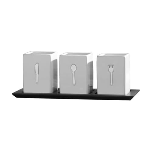 3-Piece Ceramic Caddy with Wood Tray, White, Black