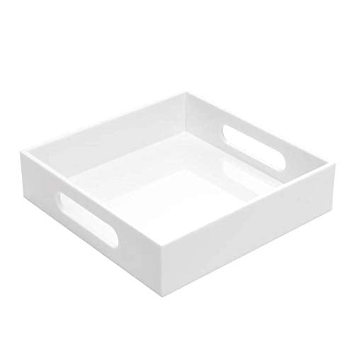 White Sturdy Acrylic Tray with Handles-8x8 Inch- Countertop Organizer Tray for Kitchen,Bathroom,Office- Storage Box for Cosmetics, Jewelry,Toiletries,Toy,Gadgets