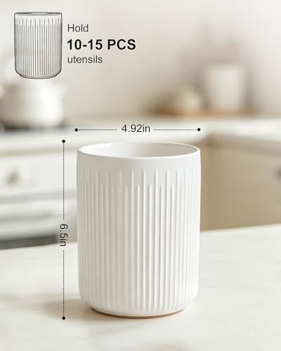 6.5" Utensil Holder, Ceramic Kitchen Utensil Holder for Countertop with Protection Cork Bottom, Stable Cooking Utensil Crock, Vintage Farmhouse kitchen Decor, White - view 2