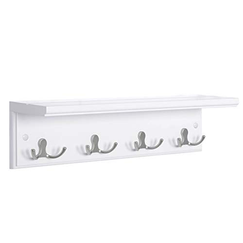 Wall-Mounted Coat Rack with Shelf, 4 Dual Metal Hooks