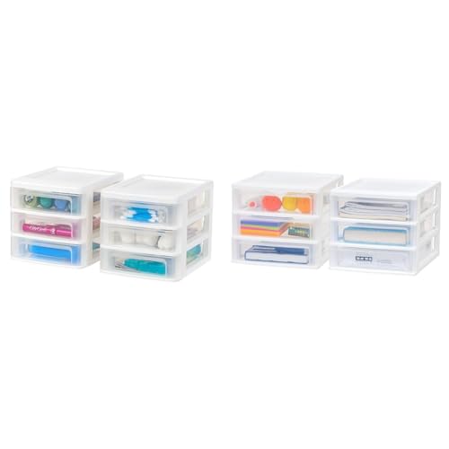 Bundle of USA Plastic Stacking Desk Top 3-Drawer Storage Organizer, 2-Pack, Small, White + USA Medium 3-Drawer Desktop Organizer with Open Tray Top, 2 Pack, Plastic Drawer Storage Container