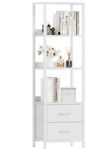 4-Tier Corner Shelf,White Narrow Bookshelf with 2 Storage Drawers