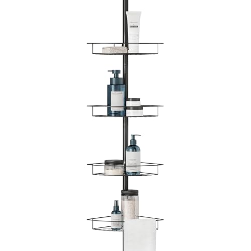 Tension Pole Shower Caddy Corner Organizer, Adjustable Standing Shower Caddy with 4 Baskets, Rust Resistant Bathroom Tension Rod Organizer, 60 to 97 Inch, Matte Black