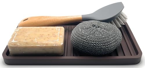 Silicone Sink and Surface Organizer Tray, Sponge Holder, Vanity Tray, Trivet, Heat Safe, Dishwasher Safe, for Bathroom and Kitchen Organization (Dark Chocolate, 10"x5.25") - view 3