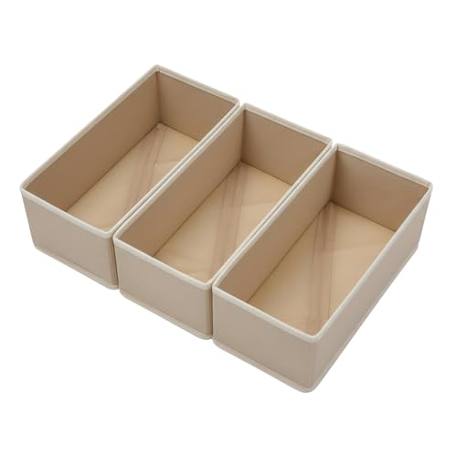 Sock Drawer Organizer 3 Pack - Collapsible Fabric Storage Bins for Underwear Divider, Small Closet Organizers with 3 Compartments, Khaki