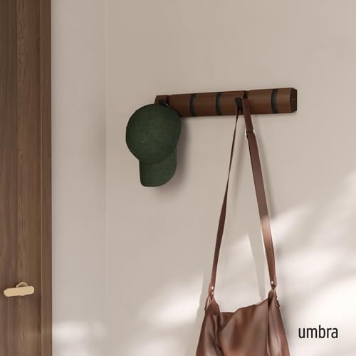 Flip Coat Rack, Wall Mounted 5-Hook Space Saving, Walnut/Black - view 2