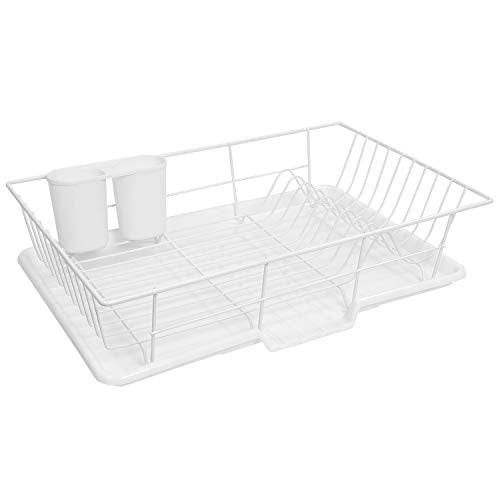 Space-Saving 3-Piece Dish Drainer Rack Set: Efficient Kitchen Organizer for Quick Drying and Storage - Includes Cutlery Holder and Drainboard - Maximize Countertop Space, White