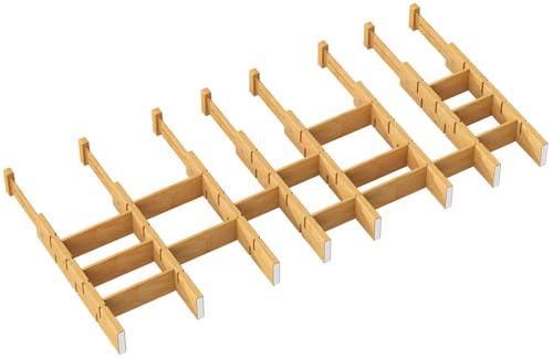 Bamboo Drawer Dividers - Adjustable Drawer Dividers for Kitchen, Clothes, Closet & Office - 8 Pack with Inserts, 13.8-18.8 Inches, Non-Slip Silicone Ends