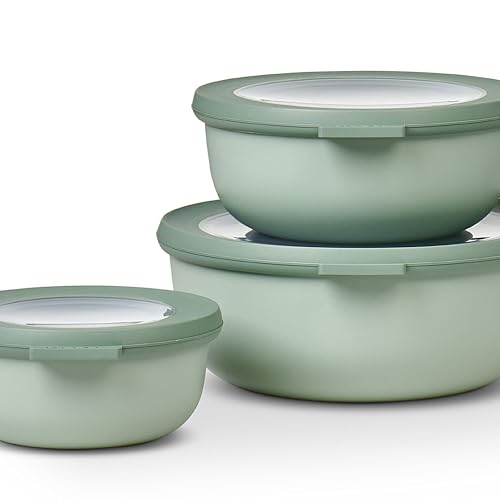 Multi Bowl Cirqula 3-Piece Set – Food Storage Container with Lid - Suitable as Airtight Storage Box for Fridge & Freezer, Microwave Container & Servable Dish - 350, 750, 1250ml - Nordic Sage