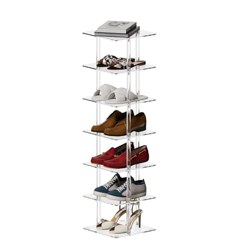 Acrylic Vertical Shoe Rack - Free Standing Shoe Rack 7 Tier Shoe Storage Organizer Narrow Shoe Rack for Small Spaces, Entryways, Living Rooms, Bedrooms, 11'' L x 11'' W x 41.7'' H, Clear
