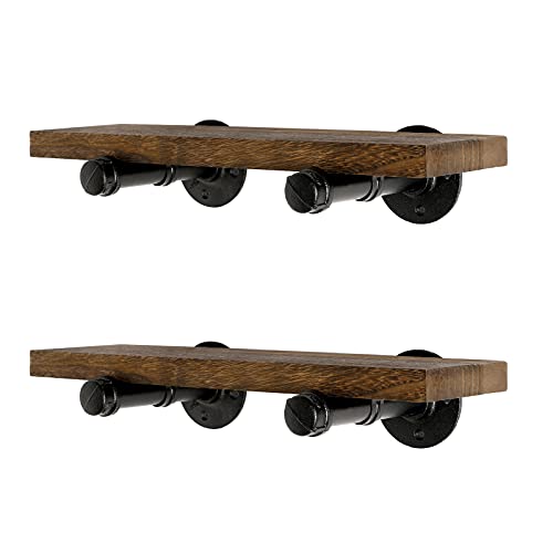 Wall Mounted Floating Shelves, Floating Shelves with Industrial Pipe Brackets Set of 2 Rustic Wood Storage Shelf for Bedroom Living Room Bathroom Kitchen Office and More (2, Brown)