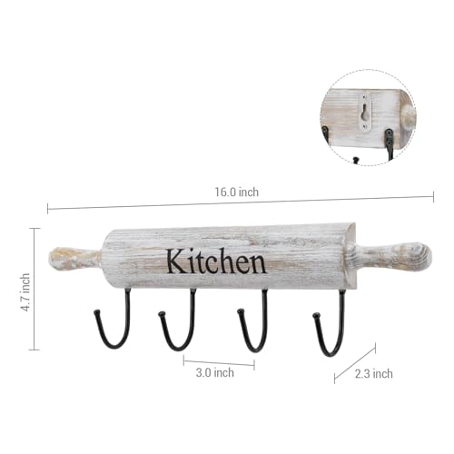 White Washed Wood Kitchen Utensil Rack with 4 Hooks, Wall Mounted - view 6