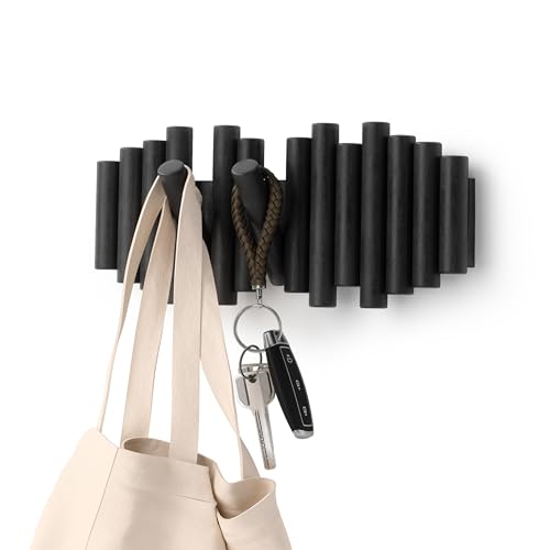 Picket Wall-Mounted Coat Rack Rail Hook with 5 Retractable Wood Pegs – Modern, Space-Saving Storage Organizer, Black