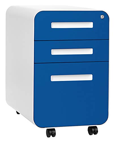 Stockpile 3 Drawer File Cabinet with Lock - Under Office Desk Metal Filing Cabinet, Legal/Letter File Folders, Wheels and Stationary Feet, Pre-Assembled, Blue Faceplate