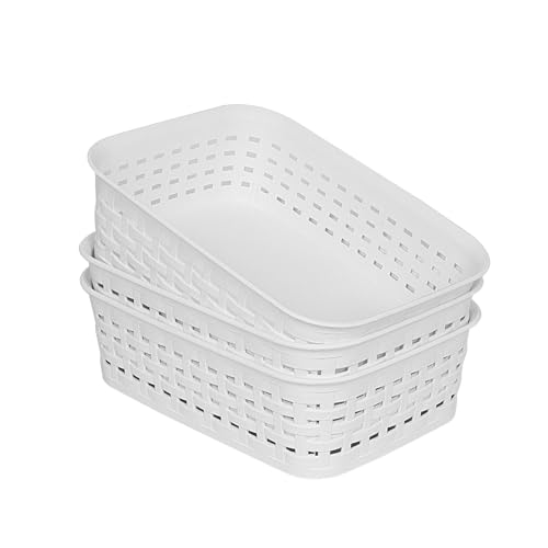 Plastic Storage Baskets for Cabinets, Household Pantry Organization with Handle,Organizer Bins for Room,Bathrooms,Under-Sink,Kitchen (White, XS-3PACK)