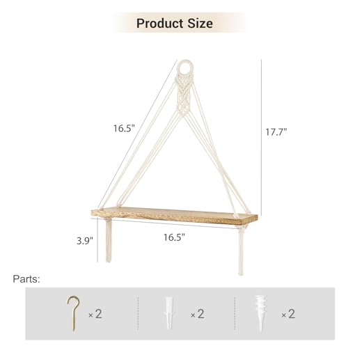 Macrame Hanging Shelves Boho Wall Decor Set of 2 Floating Wood Shelf - view 3
