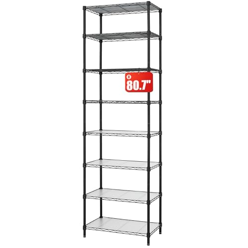 8-Tier Wire Shelving Unit Adjustable Steel Wire Rack Shelving, 80.7 Inches Height 8 Shelves Metal Storage Rack, Pantry Shelves for Storage with PE mat, NSF Certified, Black