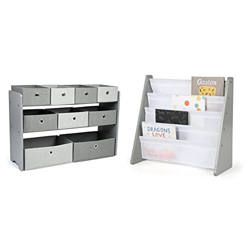 Kids Toy Organizer with 9 Storage Fabric Bins, Grey & Grey/White Kids Book Rack Storage Bookshelf, 4 Tiers