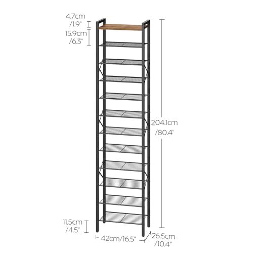 12-Tier Narrow Shoe Rack, Tall Shoe Rack for 12-24 Pairs, Slim Shoe Storage Organizer with Wooden Top, Space Saving, Metal Frame, for Entryway, Rustic Brown and Black SS61BR - view 3