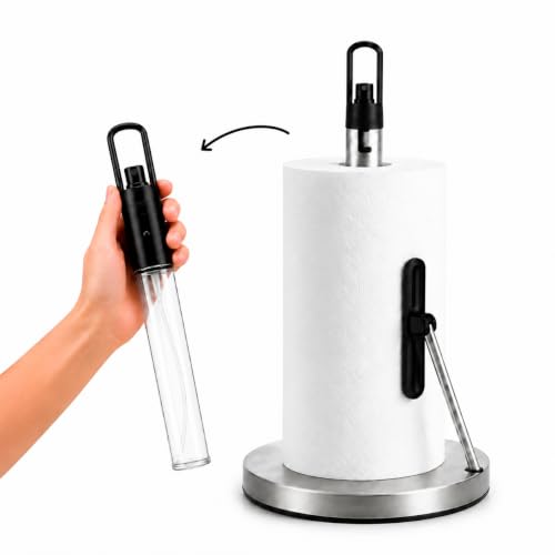 Paper Towel Holder with Spray Pump, All-in-One Countertop Paper Towel Stand with Refillable Bottle, One-Handed Tear Kitchen Roll Holder, Weighted Base, Brushed Stainless Steel(Chrome)
