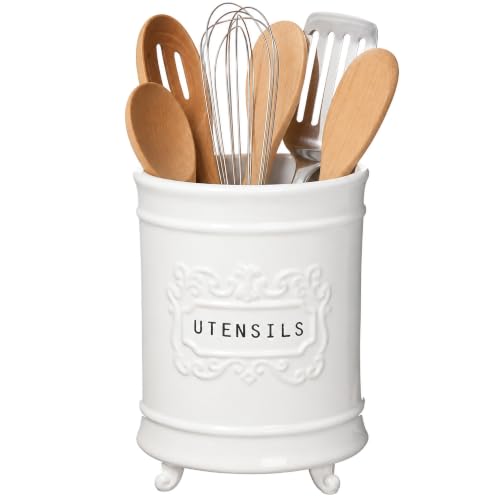 Circa Ceramic Utensil Holder, Kitchen Countertop Crock, White