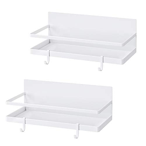 Magnetic Spice Rack with 4 Removable Hooks, Strong Magnet Spice Shelf for Spices, Cooking Oils, Salt, Pepper, Works Perfectly on the Side of Refrigerator for Small Kitchen/Apartment (White)