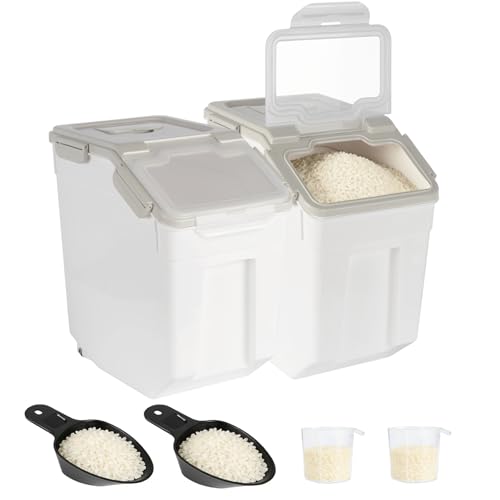 2 Pack Rice Container 25 lbs Large Bulk Flour Sugar Storage Holdhouse Plastic Grain Cereal Dry Goods Bin with Spoon and Measuring Cup for Kitchen Pantry Organization - Grey