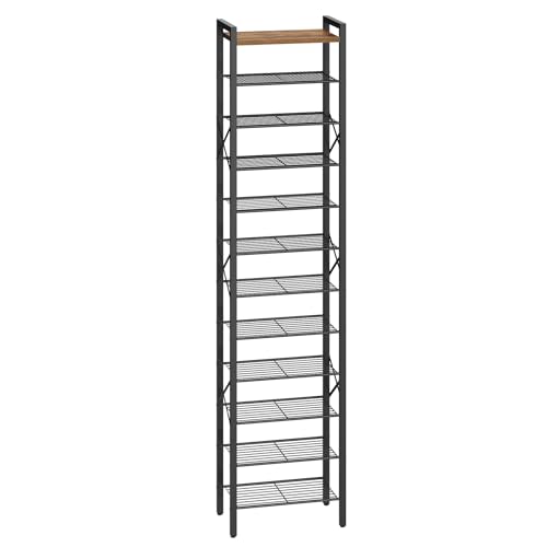 12-Tier Narrow Shoe Rack, Tall Shoe Rack for 12-24 Pairs, Slim Shoe Storage Organizer with Wooden Top, Space Saving, Metal Frame, for Entryway, Rustic Brown and Black SS61BR