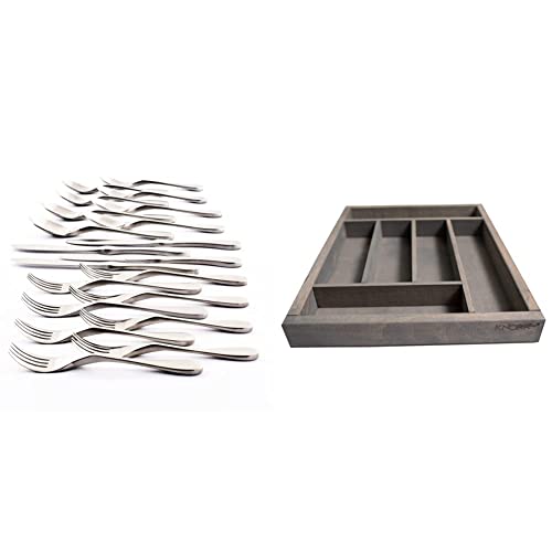 Original Collection Cutlery Utensils 18/10 Stainless Steel Flatware Set, 20 Piece, Matte Silver and Storage Tray/Flatware Organizer, large, Weathered Gray