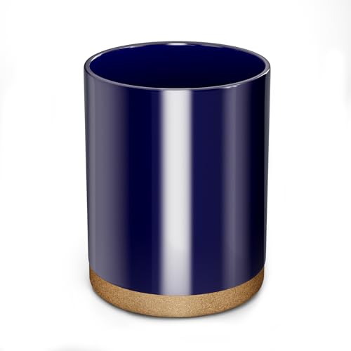 Ceramic Kitchen Utensil Holder for Countertop, Modern Crock with Non-Slip Cork Base, Counter Organizer for Cooking Tools, Blue