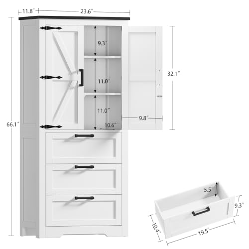 Storage Cabinet, Pantry Cabinet with 1 Adjustable Shelve & 3 Drawers, Kitchen Pantry Cabinet with 2 Doors, Bathroom Storage Cabinets, Tall Cabinet for Living Room, White - view 3