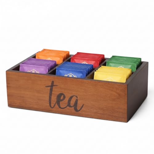 Tea Bag Organizer, Wood Tea Storage Containers with 6 Compartments, Sugar Packet Holder,Tea Bag Caddy Box for Cabinet Countertop Office (Brown-Labeled "Tea")