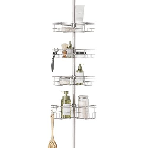 Tension Pole Shower Caddy Corner Organizer, Adjustable Standing Shower Caddy with 4 L-shaped Baskets and Hooks, Rust Resistant Bathroom Tension Rod Organizer, 60 to 97 Inch, Satin Nickel
