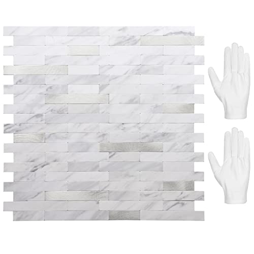 Peel and Stick Backsplash, PVC Wall Tiles Stick on Backsplash for Kitchen(10 Sheets, White Marble with Metal Silver)