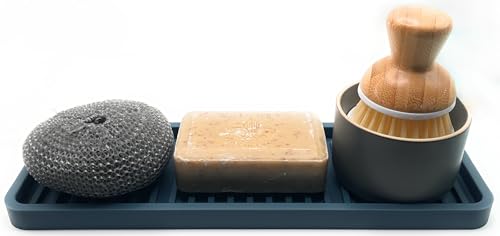 Silicone Sink and Surface Organizer Tray, Sponge Holder, Vanity Tray, Heat Safe, Dishwasher Safe, for Bathroom and Kitchen Organization (Smoky Blue, 12"x4") - view 2