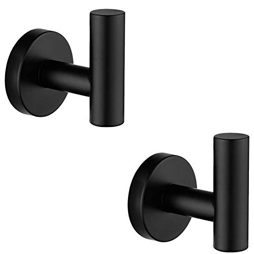 Towel Coat Hook Matte Black SUS304 Stainless Steel Bathroom Clothes Cabinet Closet Sponges Robe Hook Wall Mounted Round Kitchen Heavy Duty Door Hanger 2 Packs
