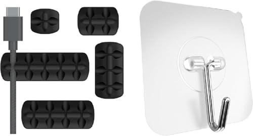Home and Office Organization Kit - Cable Organizer Black 5 Pack and Heavy Duty Hooks Medium 12 Pack Combo