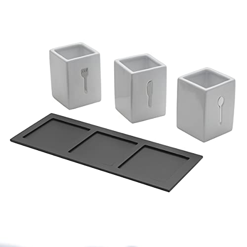 3-Piece Ceramic Caddy with Wood Tray, White, Black - view 2