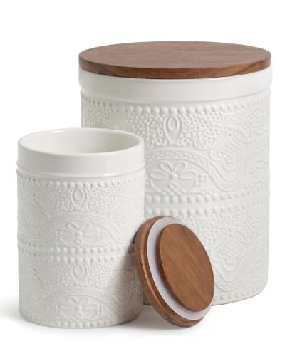 Ceramic Canister Sets for the Kitchen, Flour and Sugar Storage Containers, Coffee Canister with Airtight Lid for Countertops, Spices, and Food,(Lace Emboss)