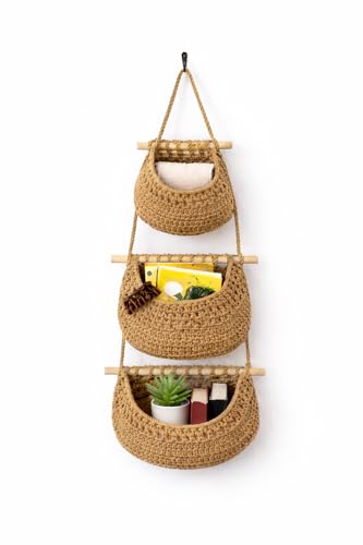 Compact 3-Tier Hanging Wall Basket Organizer with No-Drill Adhesive Hooks – Soft Cotton Rope Storage for Bathroom, Nursery & Small Spaces – Detachable, Renter Friendly