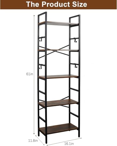 5 Tier Bookshelf, 5 Tier Bookshelves, Home Office Bookcase Shelf Storage Organizer, Industrial Narrow Bookcase, Display Standing Shelf Units, Metal Frame Display Rack with 4 Hooks Rustic Brown - view 5