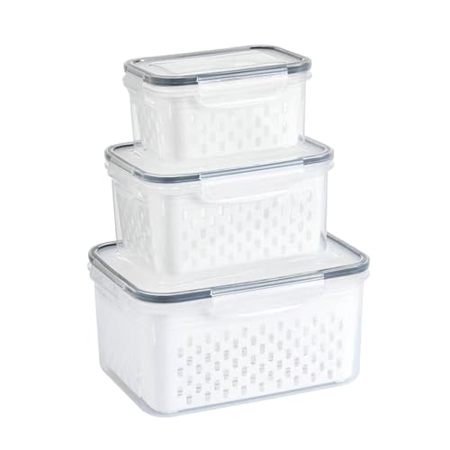 Food Storage Containers for Fridge, 4 in 1 Preservation System Household Transparent Plastic Food Storage Box-Including Drain Basket, For Vegetable and Berry, Kitchen Organizer(Three-piece set)