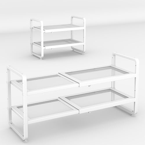 2-Tier Expandable Shoe Rack for Closet, Adjustable Metal Shoe Organizer with Sturdy Mesh Shelves for Boots & Heels, Stackable Shoe Storage for Entryway, Garage, Small Spaces (White, 2-Tier)