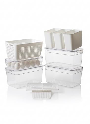 Clear Stackable Storage Containers with Lids BPA-Free Organizer Bins for Refrigerator Pantry Fridge Drawer with Colander and Dividers for Kitchen Food Preservation and Home Organization BPA Free